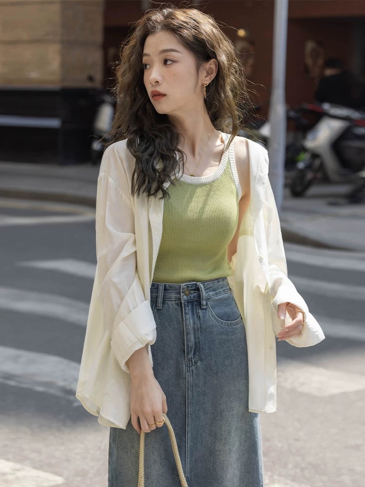2025夏季新款高级感穿搭针织背心衬衫上衣搭配牛仔半身裙三件套女