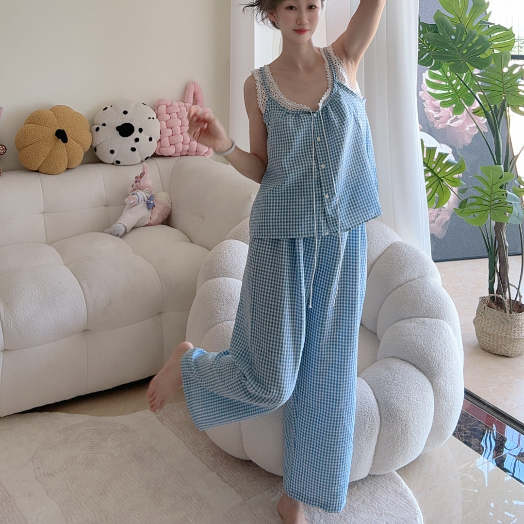 夏天小清新减龄蕾丝背心拼接格子短袖夏季吊带睡衣女士家居服套装