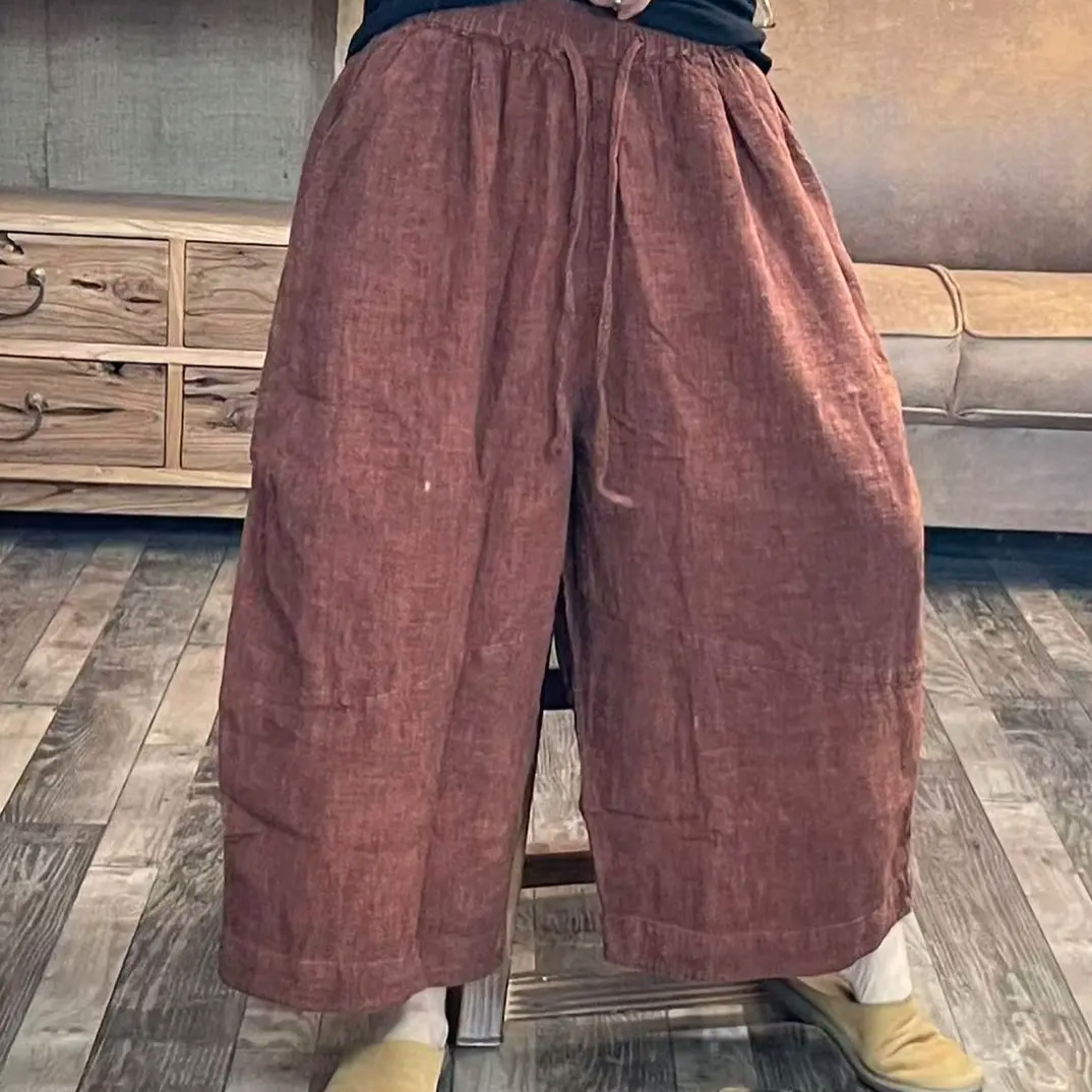 新品春秋麻料炒色做旧拼接女士休闲裤(长78臀围146)