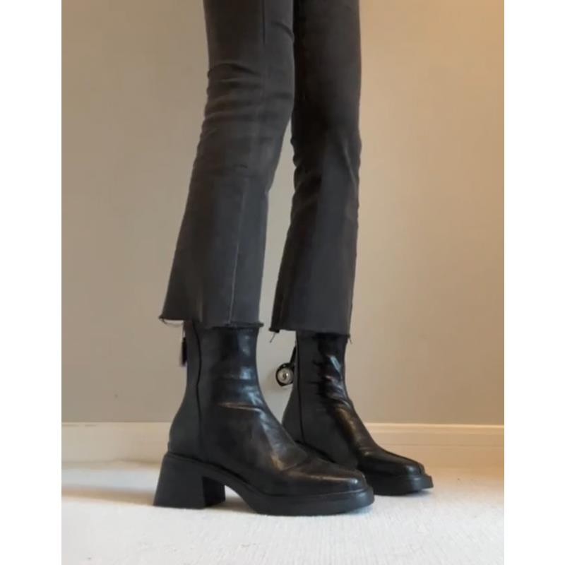 羊皮版~真皮黑色褶皱粗跟短靴女英伦风复古切尔西靴瘦瘦靴马丁靴