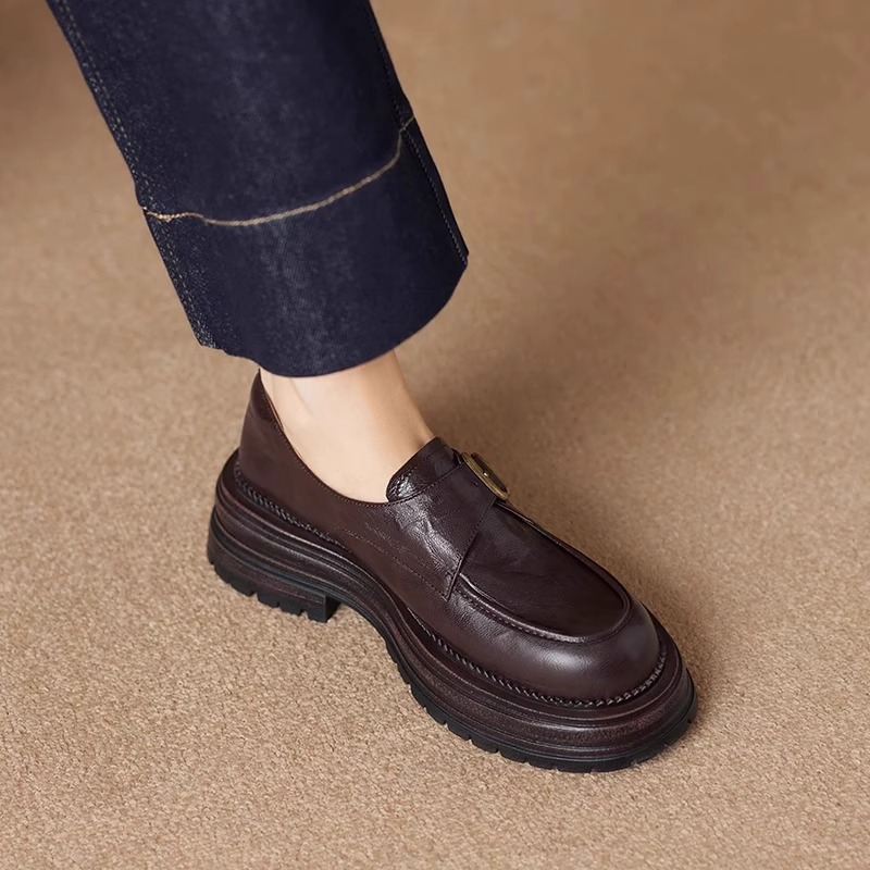 爆款软牛皮厚底乐福鞋2025春秋新款一脚蹬松糕底英伦圆头黑色单鞋