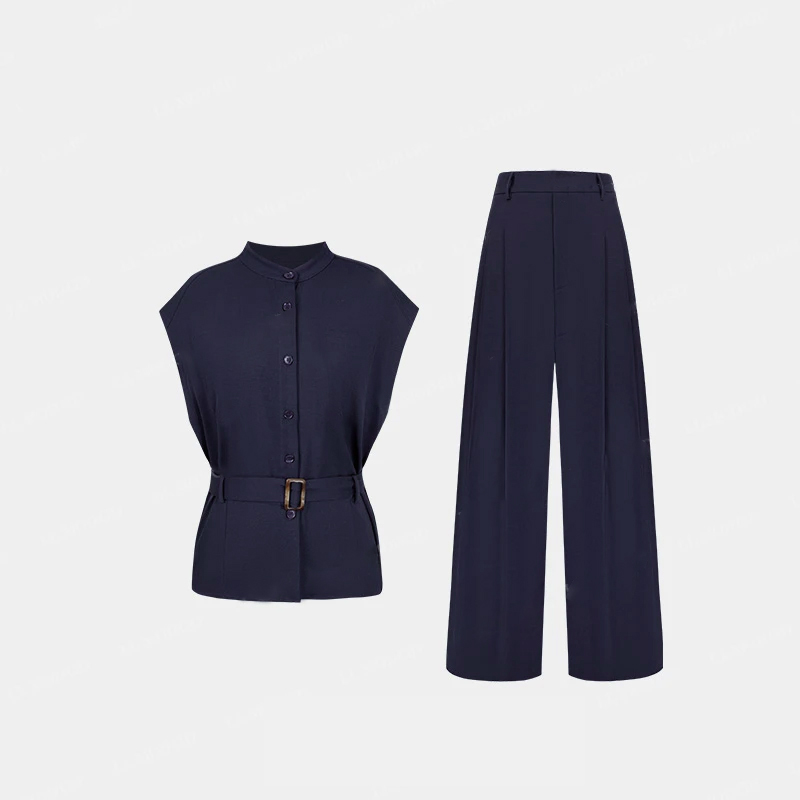 通勤套装清爽慵懒风短袖衬衫+高腰休闲气质阔腿裤时尚轻奢D1671