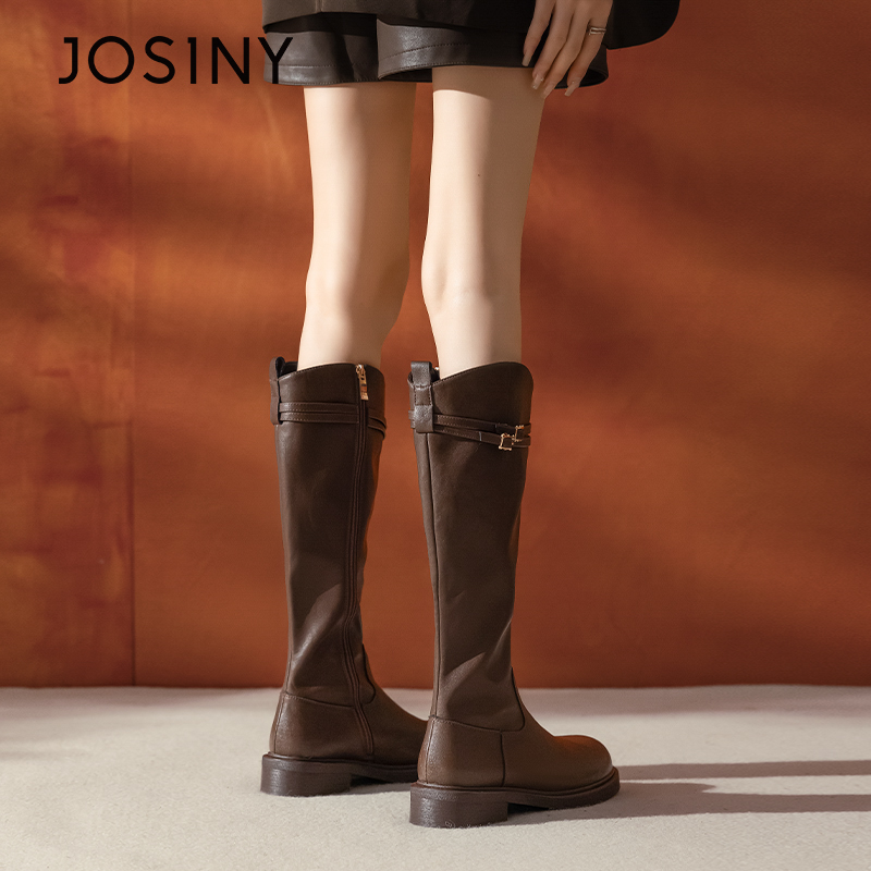 卓诗尼厚底纯色经典款女新款长靴女长筒靴出游棕色高筒靴