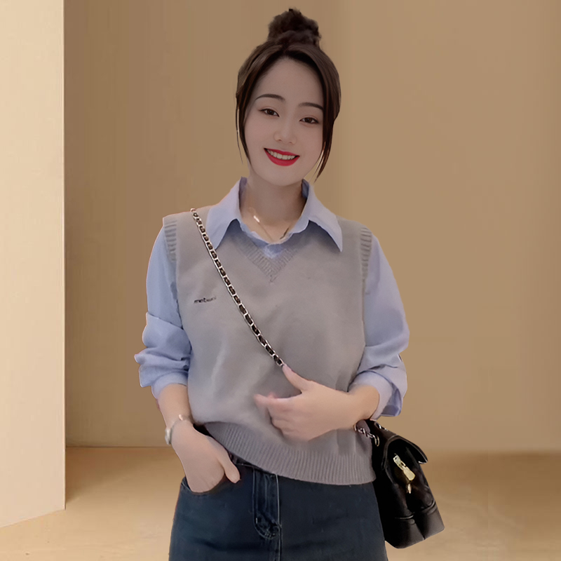 2025年秋季新款假两件休闲长袖衬衫女士洋气百搭遮肉显瘦马甲上衣