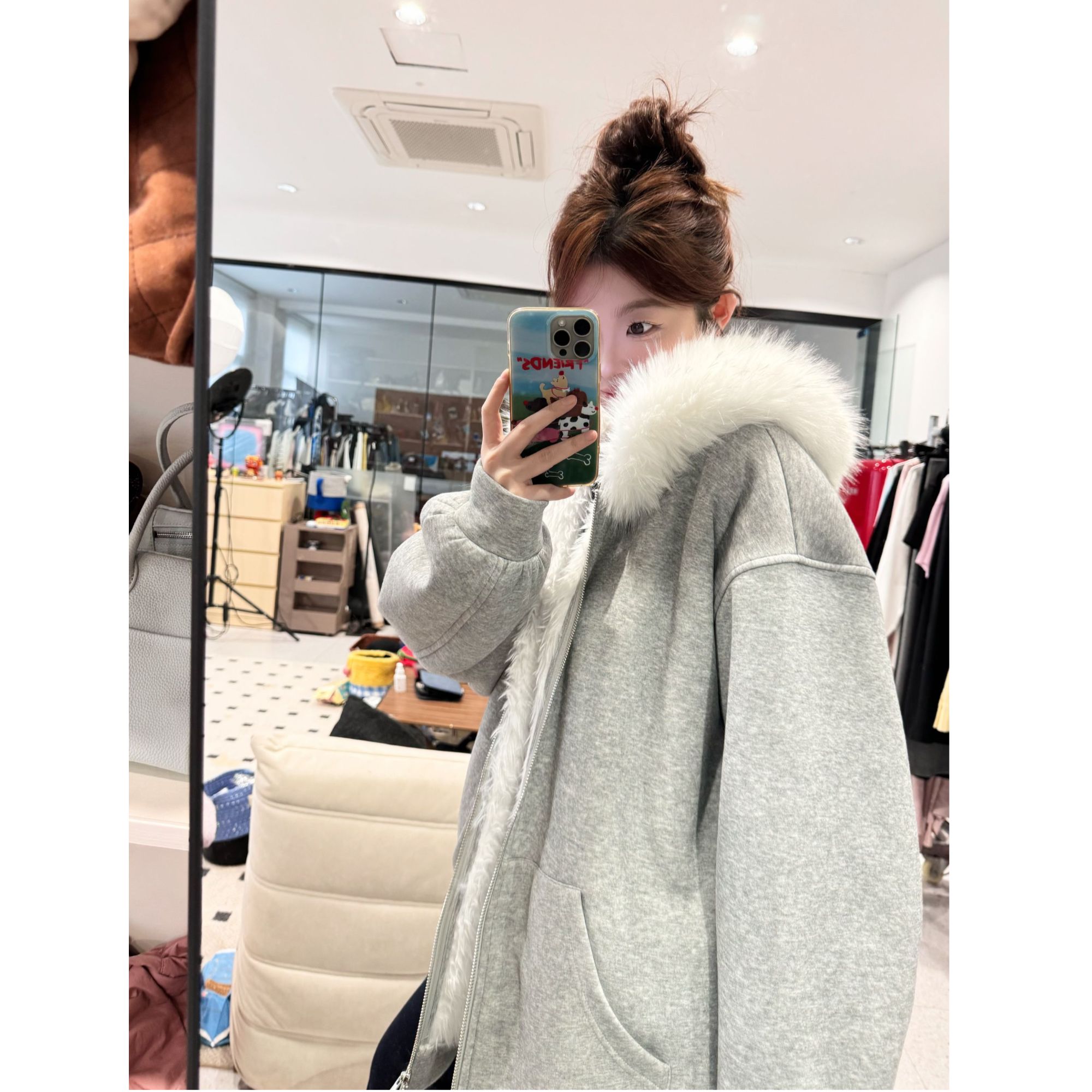 晶咕【陷入暖绒！】内里长毛宽松连帽带毛领卫衣外套