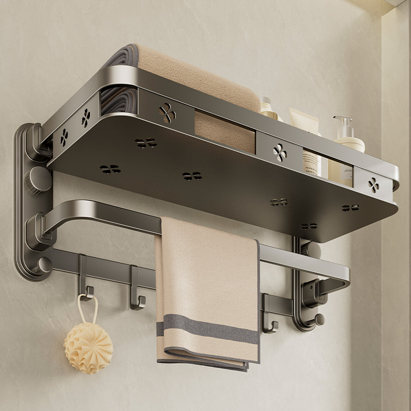 吸盘免打孔可折叠浴巾架太空铝卫生间壁挂多功能毛巾收纳置物架