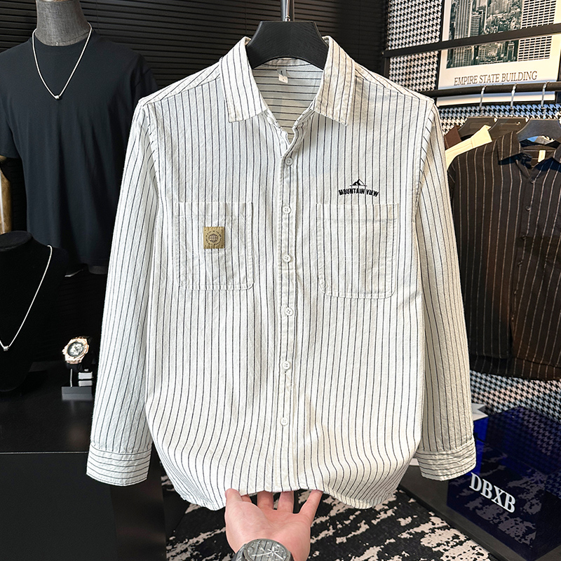 DBXB潮牌日系条纹长袖衬衫男士秋季时尚潮流百搭文艺休闲宽松衬衣