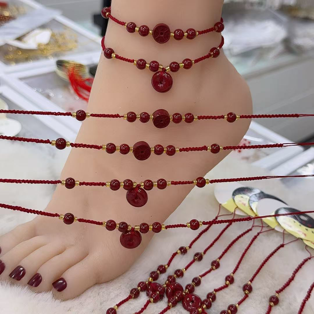 铁合金玻璃脚链 发两个紫沙红色平安扣福到眼前脚链