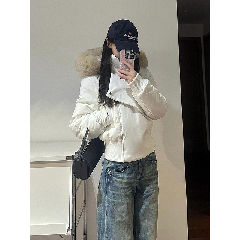 白色大毛领连帽棉服外套女冬季2025新款面包服加厚短款棉衣棉袄穿