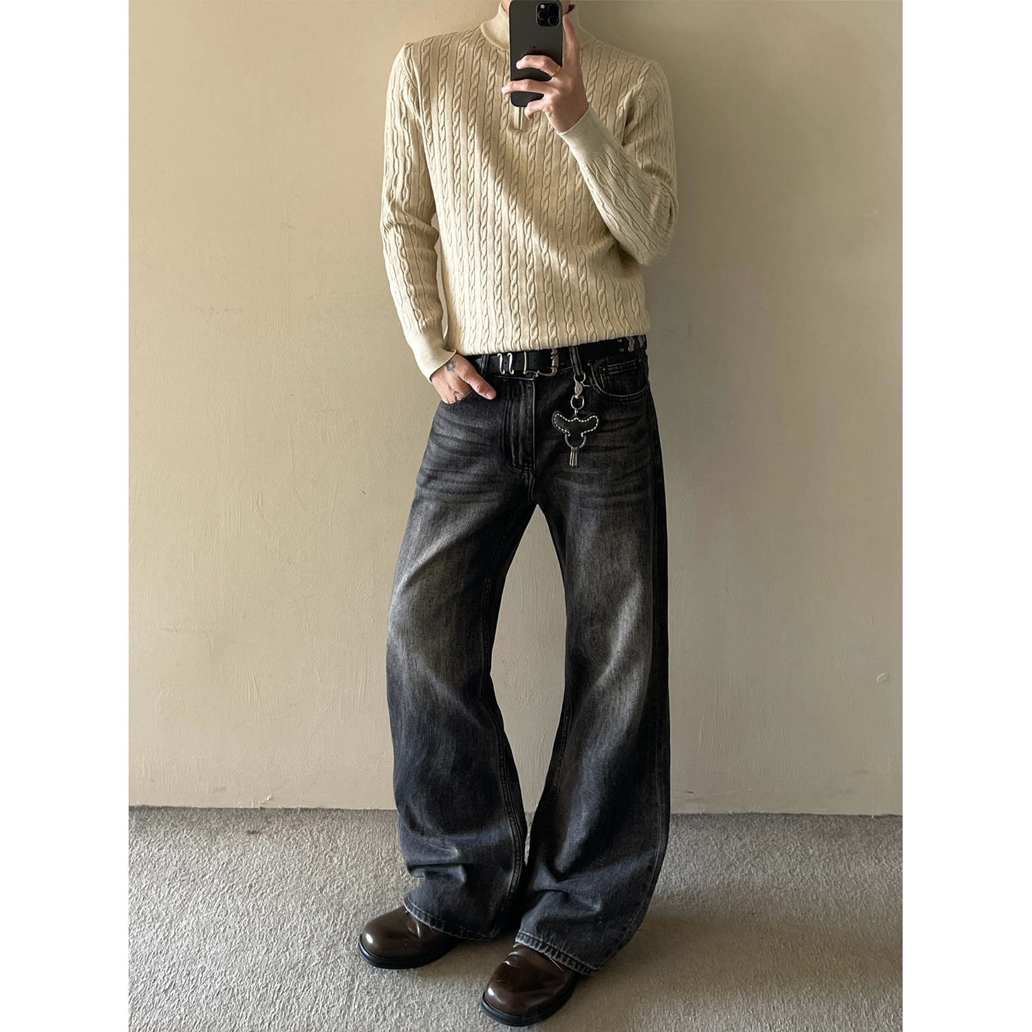 MaxDstr 美式cleanfit高级感做旧水洗微喇叭牛仔裤男女宽松拖地裤