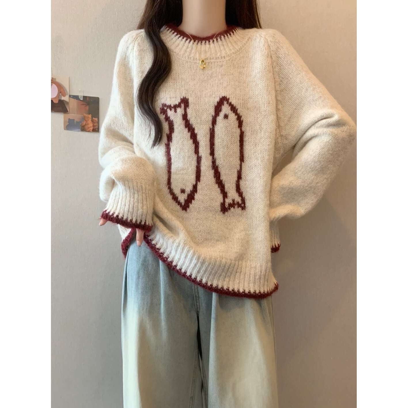 FAVMARTHA韩系慵懒风小鱼提花毛衣女秋冬季新款软糯内搭针织衫宽