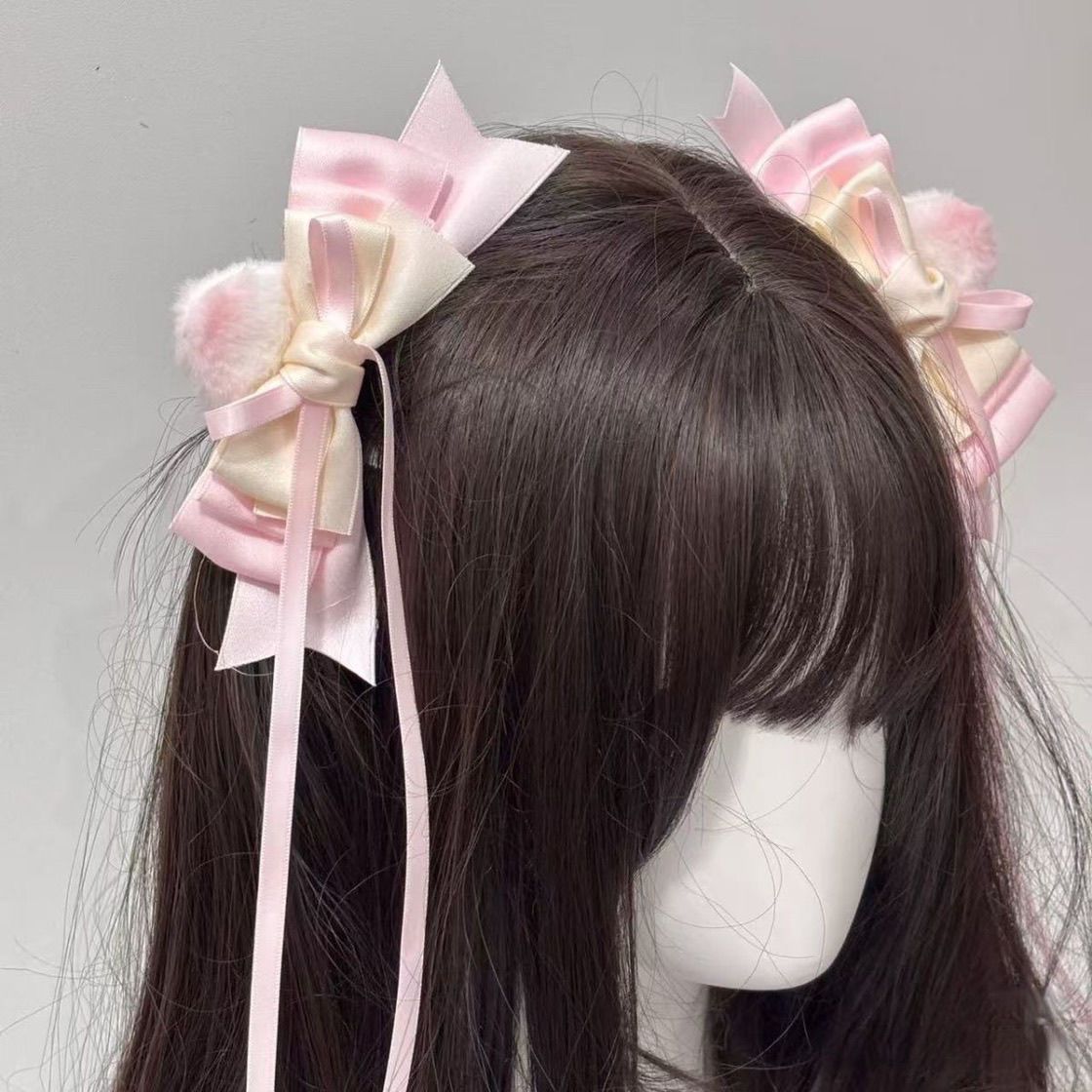 可爱蝴蝶结甜美少女耳朵发夹公主风精致发饰粉色系头饰飘带侧边夹