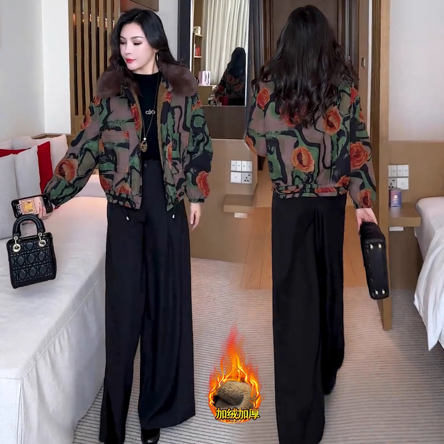 时尚加绒加厚短外套女冬季新款洋气显瘦休闲百搭保暖毛领夹克上衣