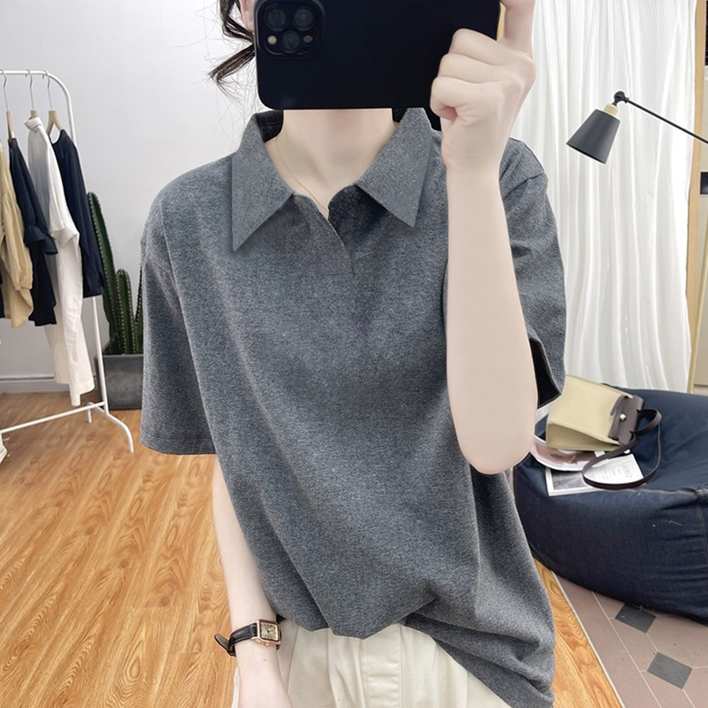 欧货棉质翻领短袖T恤女2025夏季宽松复古上衣正肩百搭polo衫体恤