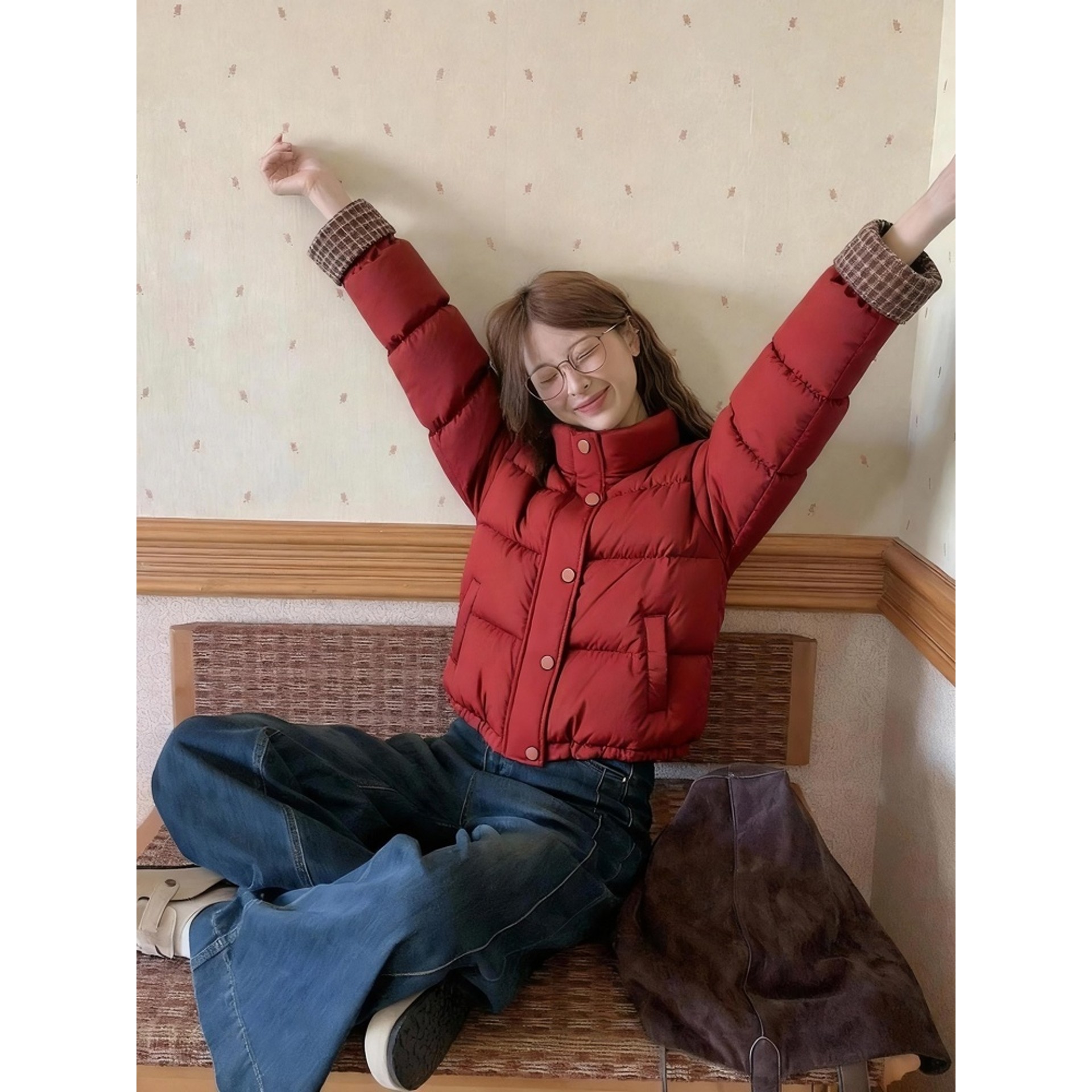 现货  红色格纹拼接短款羽绒服冬季女款独特漂亮慵懒厚实保暖棉服