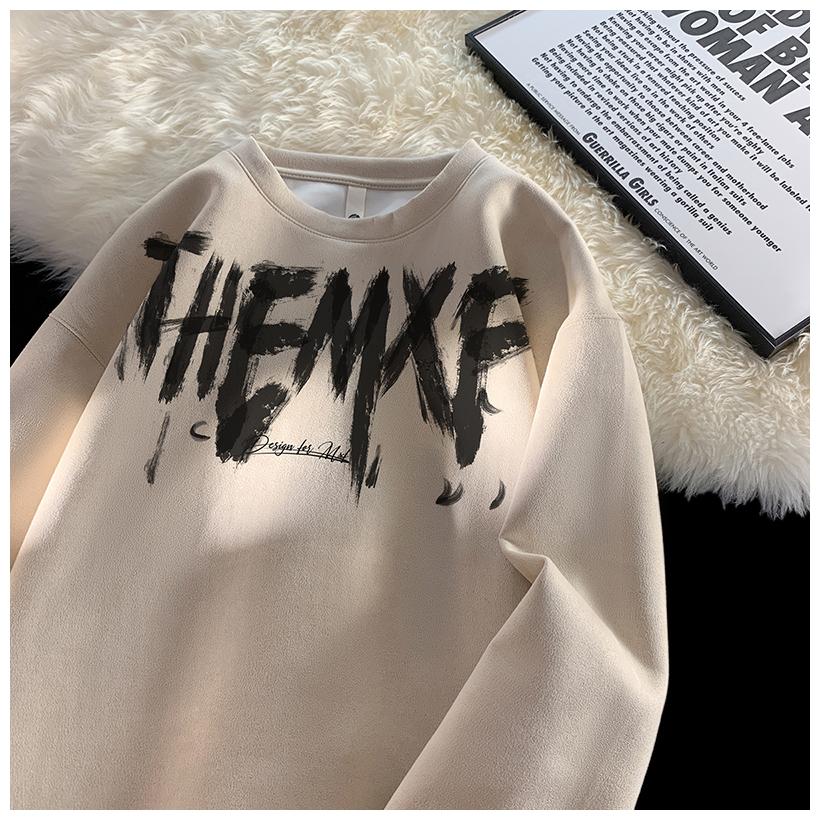 大码300斤美式潮牌个性仿麂皮绒卫衣男女秋冬宽松显瘦情侣长袖衫