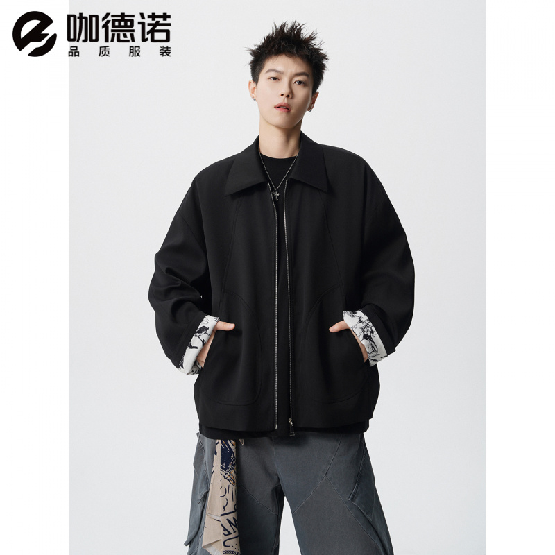 2025新款美式水墨画拼接夹克上衣外套男秋季拼接设计感翻领外套潮