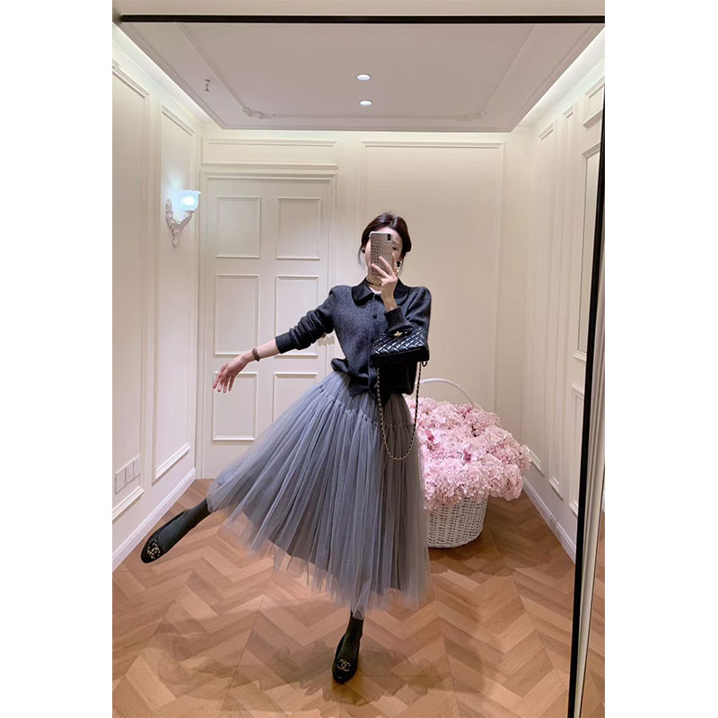 慵懒风穿搭女士秋冬POLO领长袖简约排扣针织开衫上衣设计感半身裙