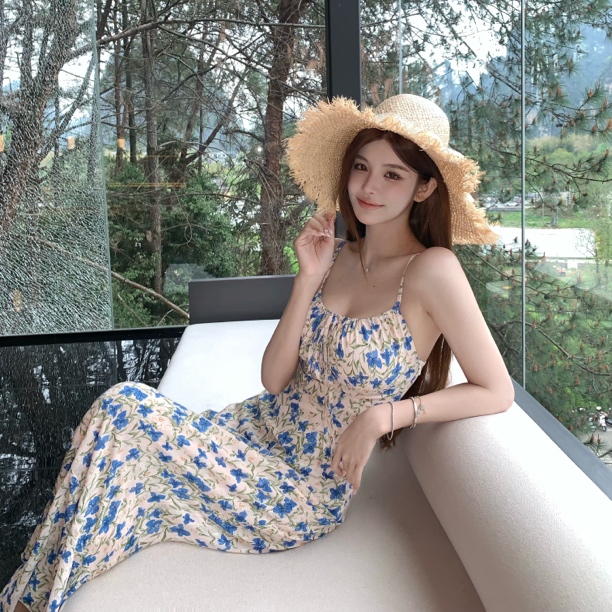 FAY【蓝色妖姬】蓝色碎花抽绳小性感包臀裙出行中长款吊带连衣裙