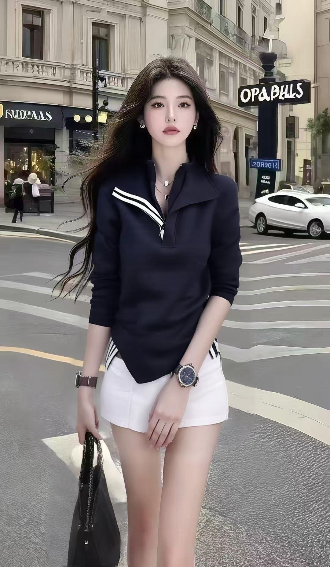新款秋季休闲时尚黑色长袖翻领设计感上衣+白色百搭半身裙两件套