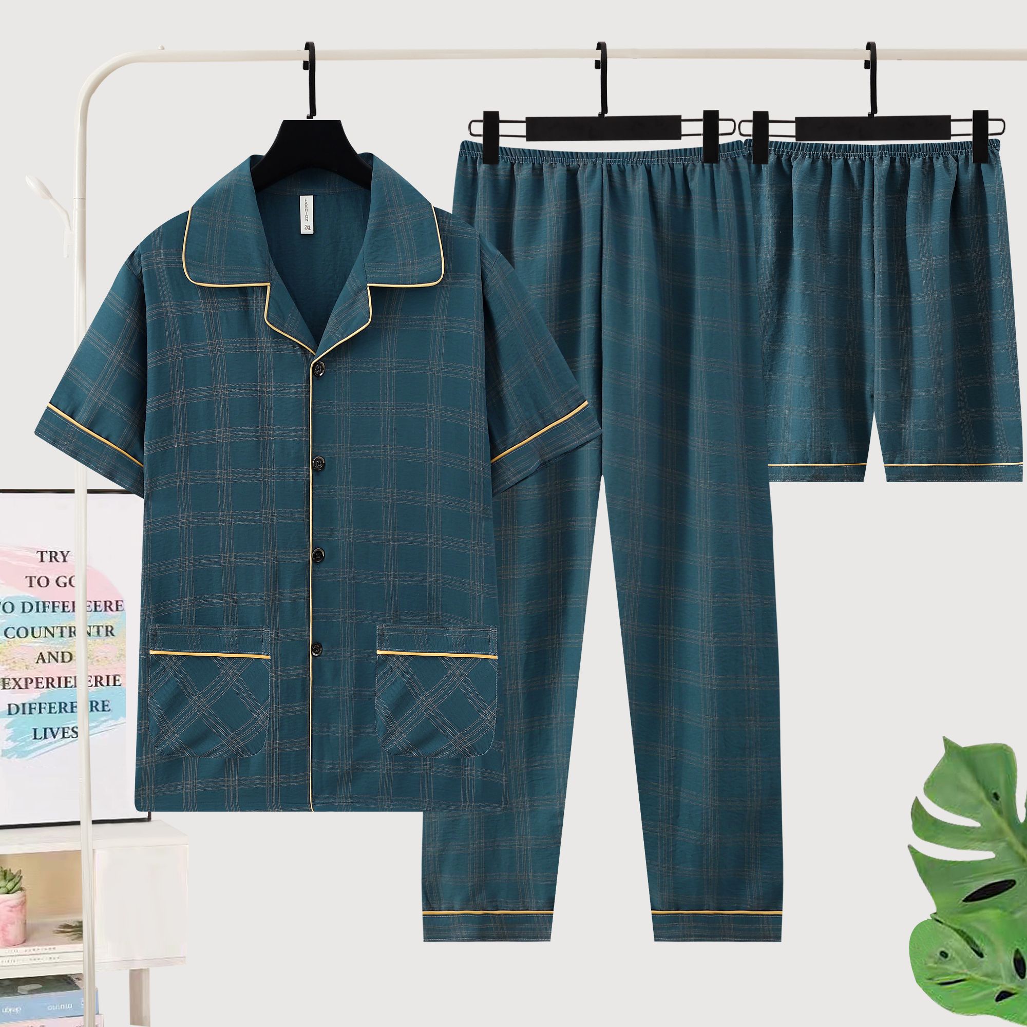 男士睡衣夏季三件套短袖新款薄款简约家居服男款爸爸春秋休闲套装