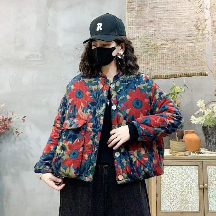 民族风复古印花加绒加厚保暖棉袄冬季新款宽松立领短款棉服外套