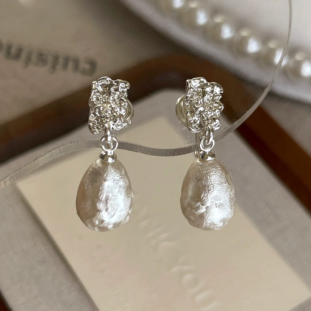 铜合金耳饰 「巴黎旧梦」蚊香盘耳夹气质仿珍珠水滴女无耳洞耳环