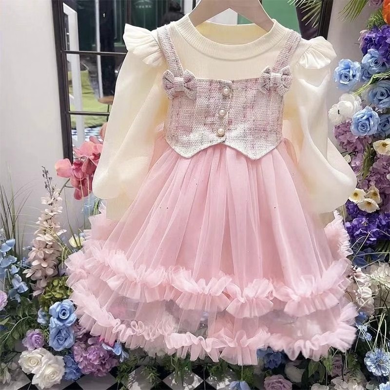 2025春秋季1532新款假两件小香风公主裙小女孩长袖洋气气质蓬蓬裙