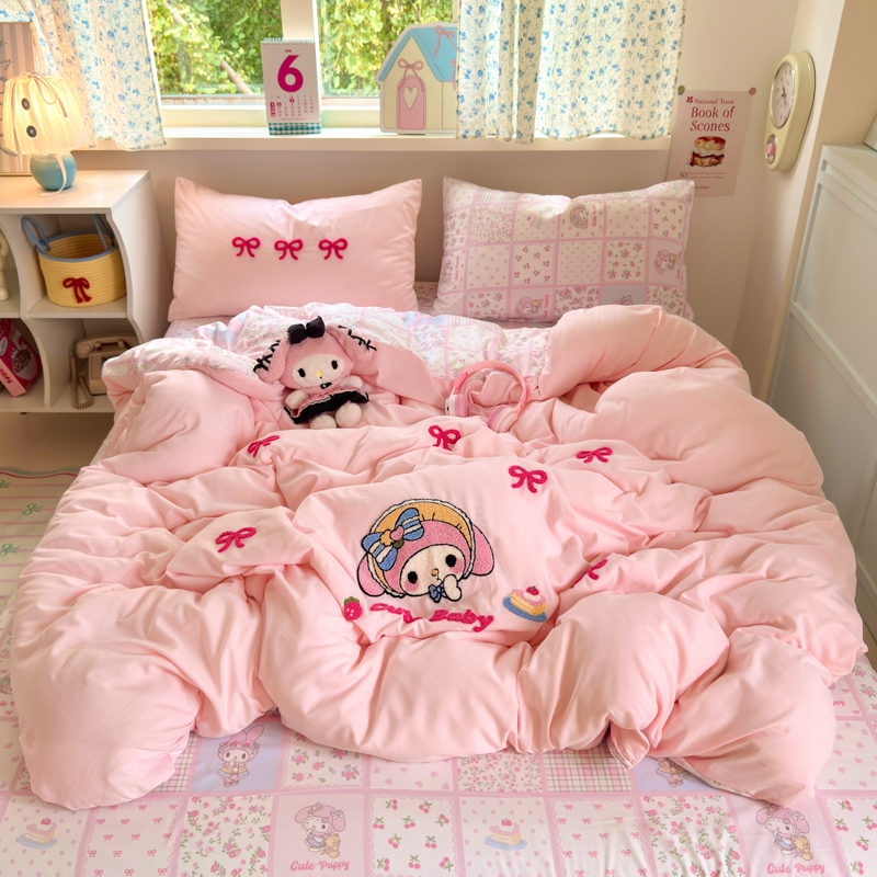 A类美乐蒂水洗棉亲肤柔软四件套毛巾绣被套床单女宿舍三件套床笠