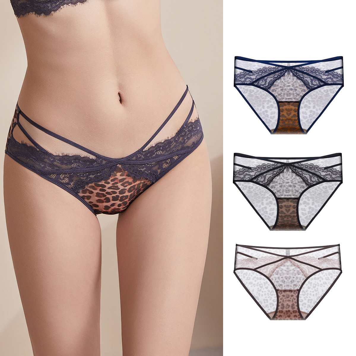 （80-150斤）舒适镂空豹纹睫毛蕾丝新款透气内裤性感轻薄中腰女士