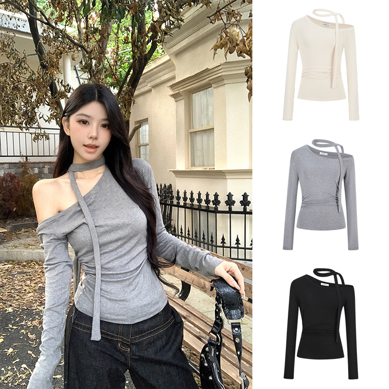 Moses Queen/魔西女王飘带斜肩长袖t恤女秋新款露肩内搭打底上衣