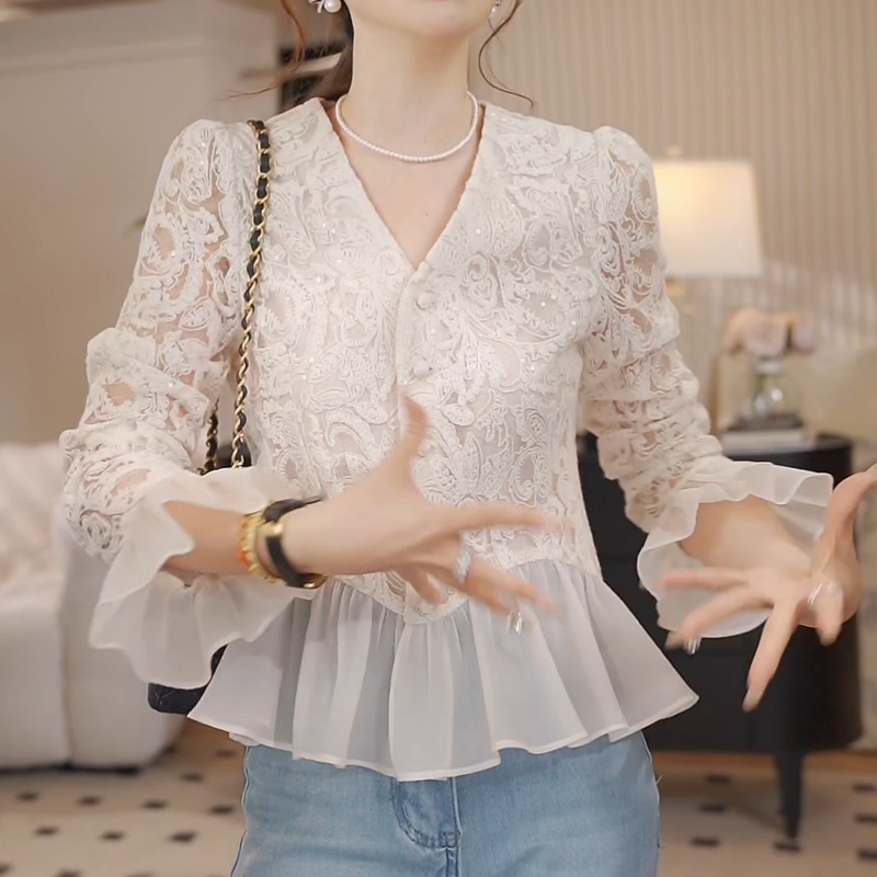 灿星锦衣~亮片蕾丝衬衫女设计感修身显瘦上衣LK2502609