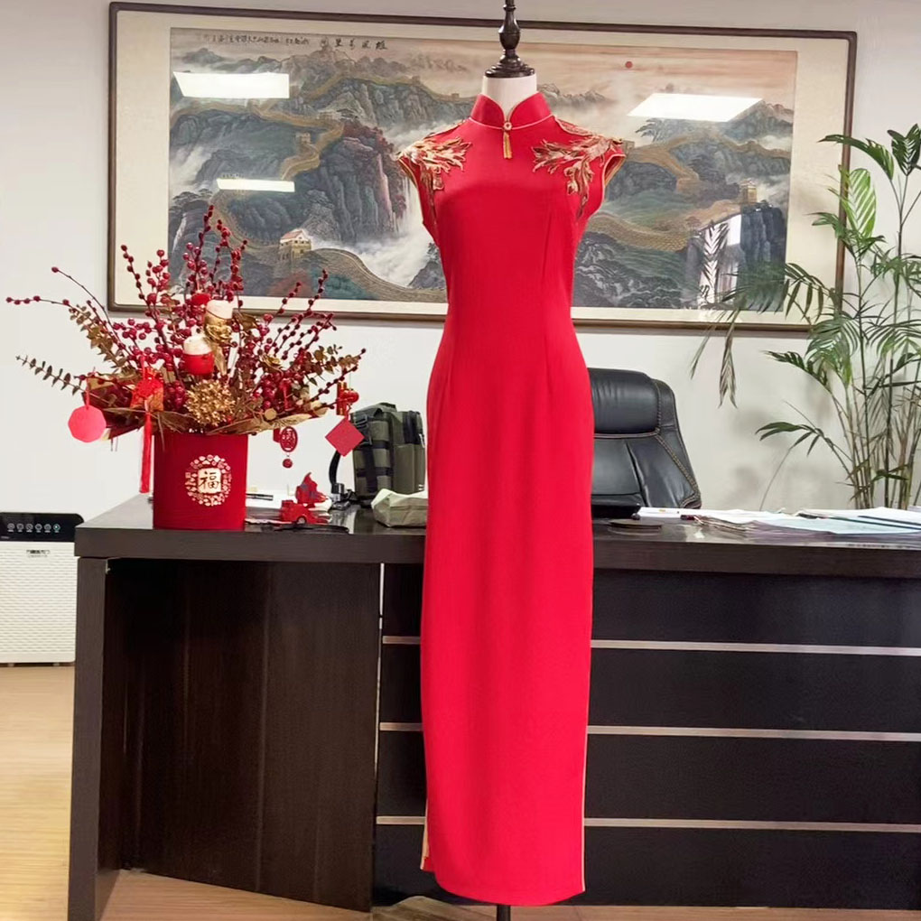 （比翼双飞）送考喜妈妈新中式中国红弹力包袖长款走秀婚礼旗袍