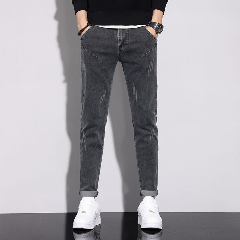 牛仔裤男士春秋新款烟灰色百搭重工水洗复古怀旧修身小脚长裤子男