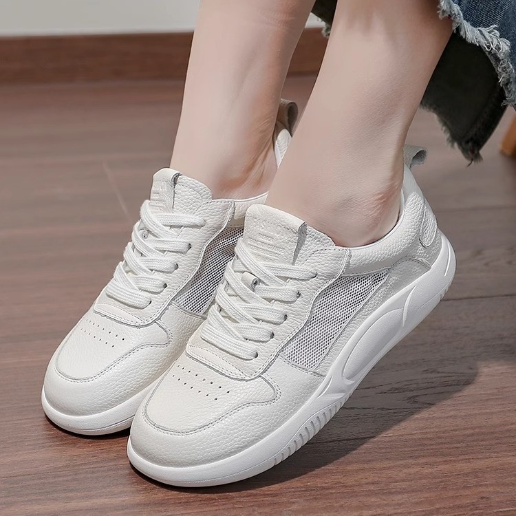 头层牛皮网面小白鞋女透气2025夏季薄款单鞋休闲平底百搭女鞋板鞋
