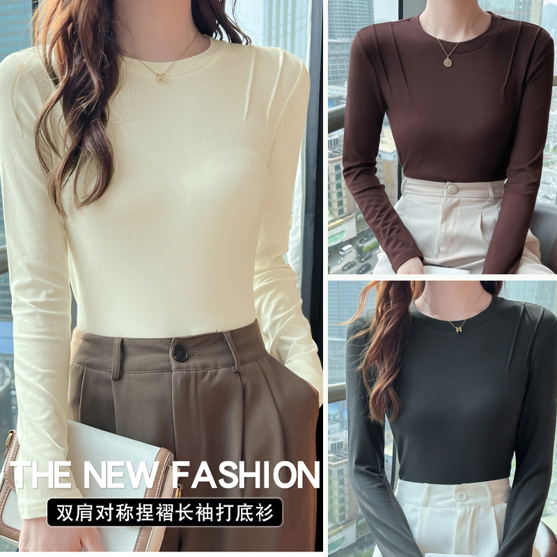 【清货福利】秋冬百搭时尚圆领捏摺对称长袖打底衫修身T恤纯色