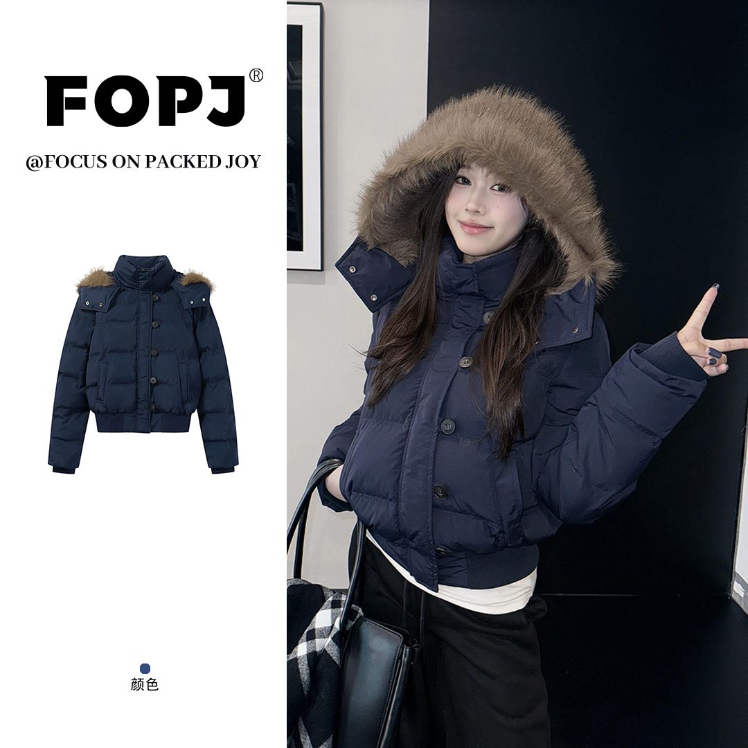 FOPJ冬季新款美式复古女装连帽毛领棉服外套女短款潮流面包服上衣