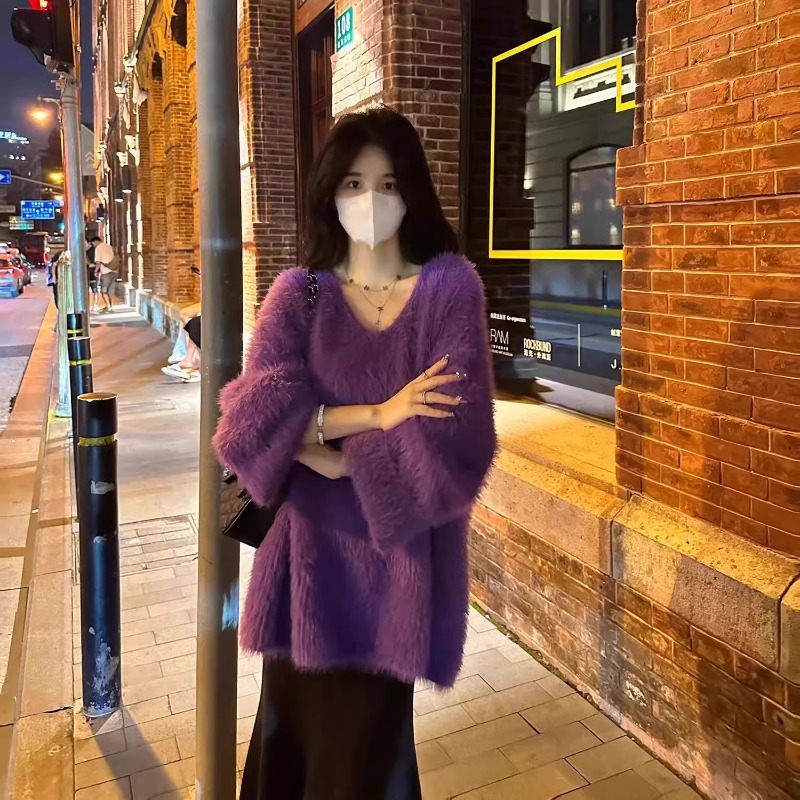 秋冬V领宽松慵懒风2025新款法式风仿水貂毛宽松上衣针织毛衣时尚