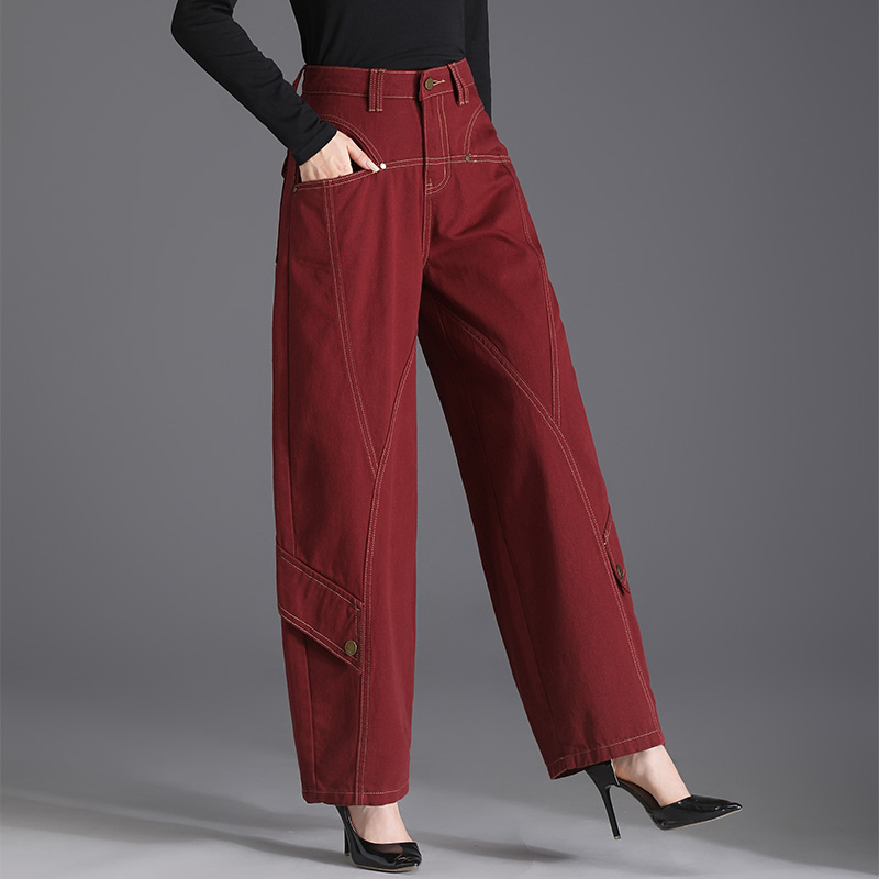酒红色休闲裤大码高腰阔腿灯笼裤春秋梨型身材宽松显瘦老爹萝卜裤
