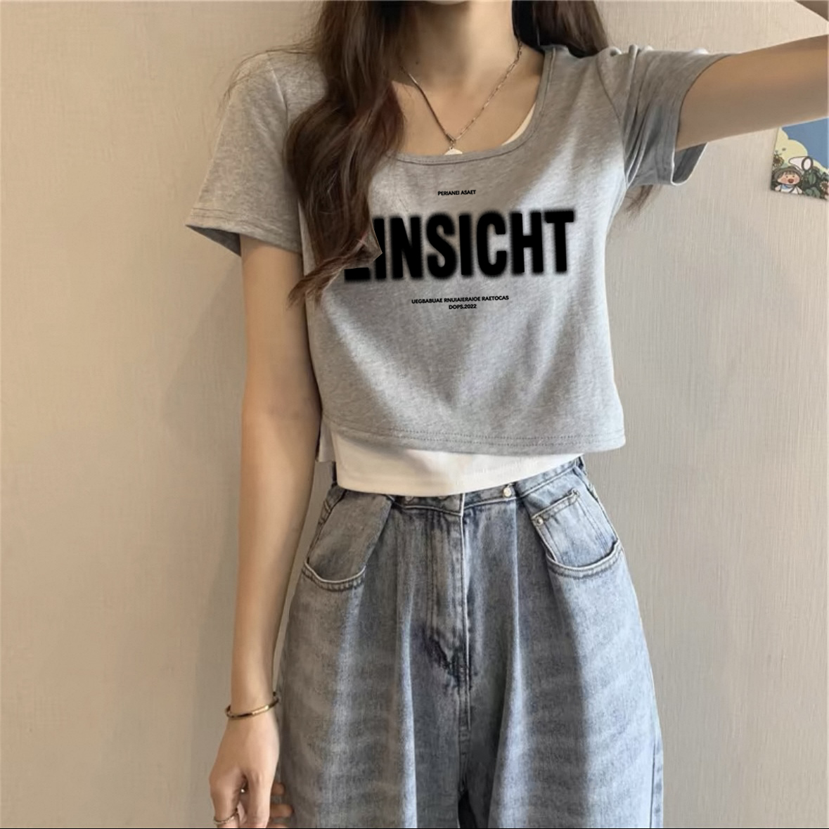 夏季美式复古印花百搭短袖T恤女正肩显瘦修身设计感假两件打底衫