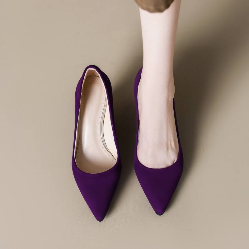 洋气坡跟单鞋女真皮小香风坡跟鞋2025新款女鞋尖头高跟鞋紫色羊皮