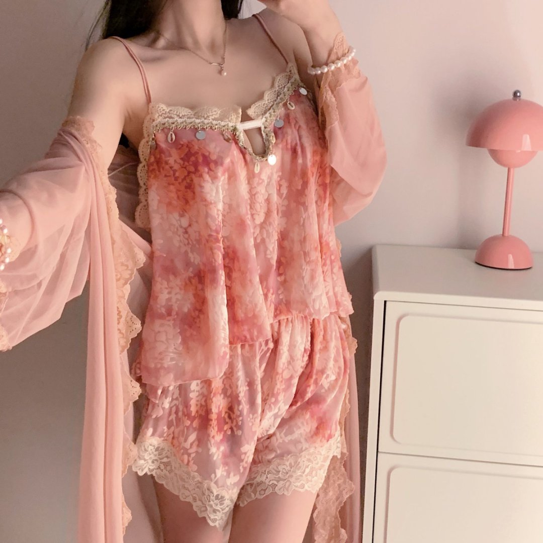 碎花夏季V领辣妹睡裙长袖薄款蕾丝网纱睡衣性感女装轻奢休闲风