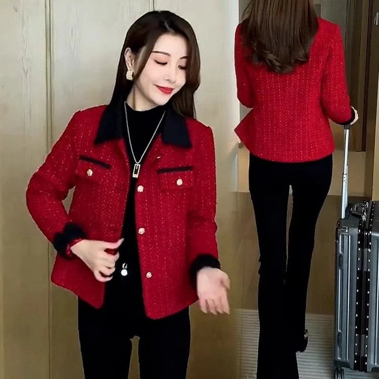 春秋小香风女短外套红色洋气气质时尚百搭网红显瘦上衣宽松短款