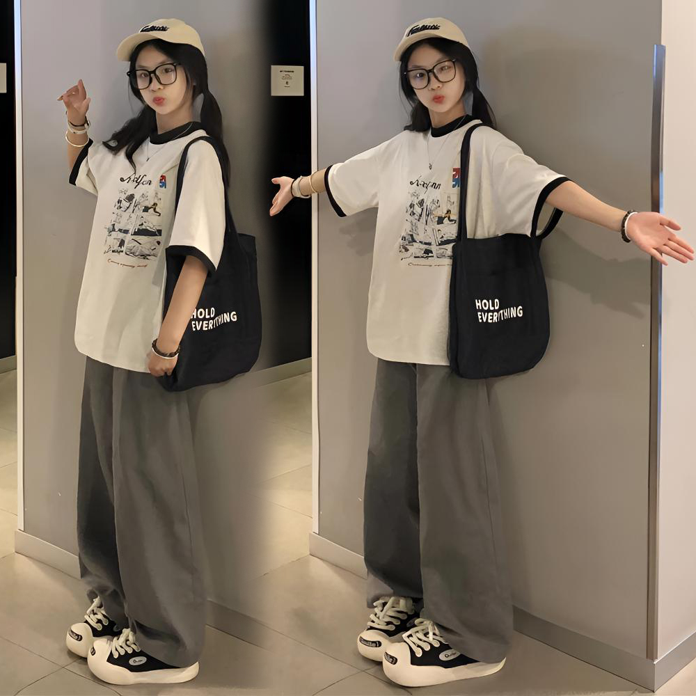 夏季慵懒短袖阔腿裤休闲两件套装女初高中学生15-18岁宽松运动服