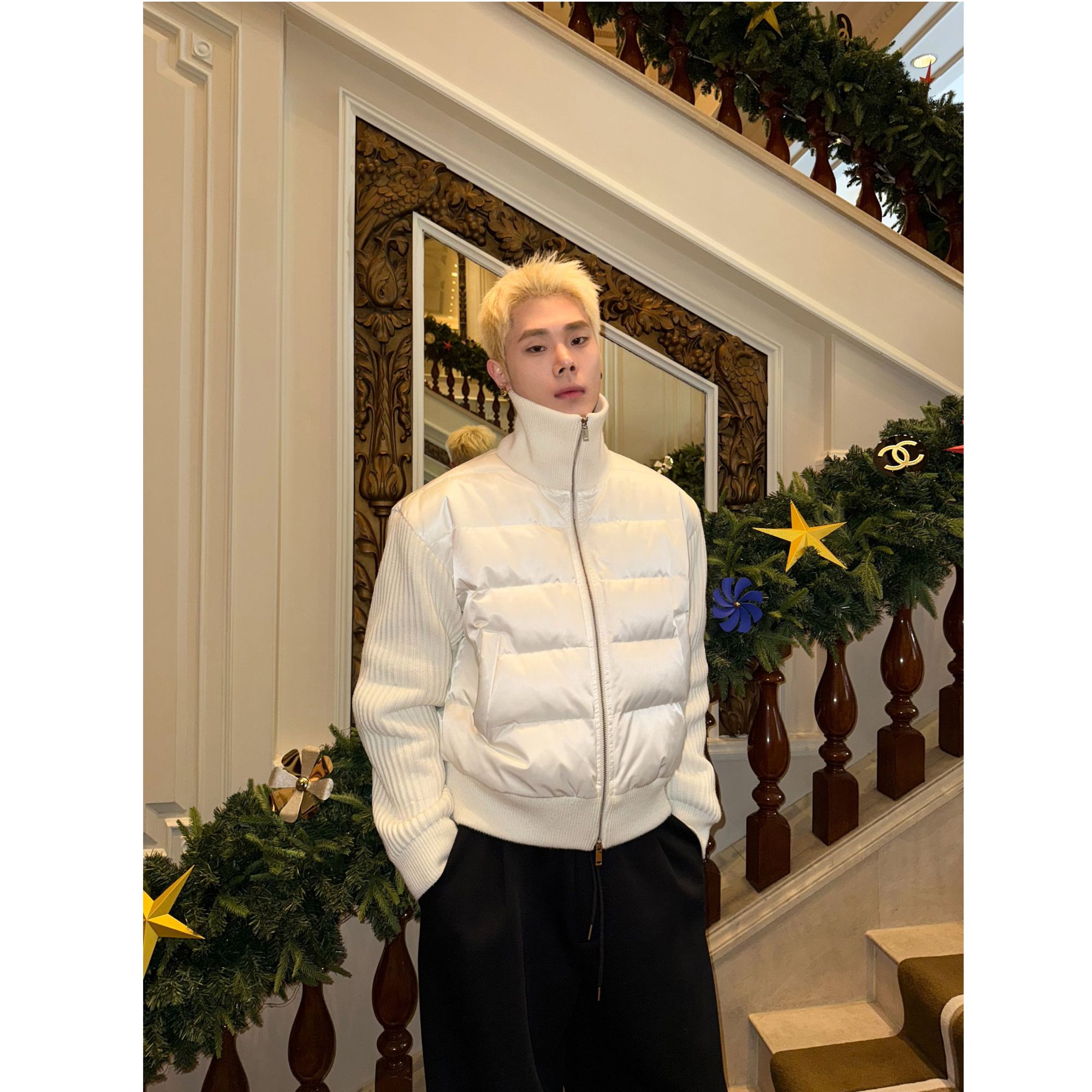 DBW Doublewin长期主义90白鸭绒立领羽绒服冬季针织拼接外套1412