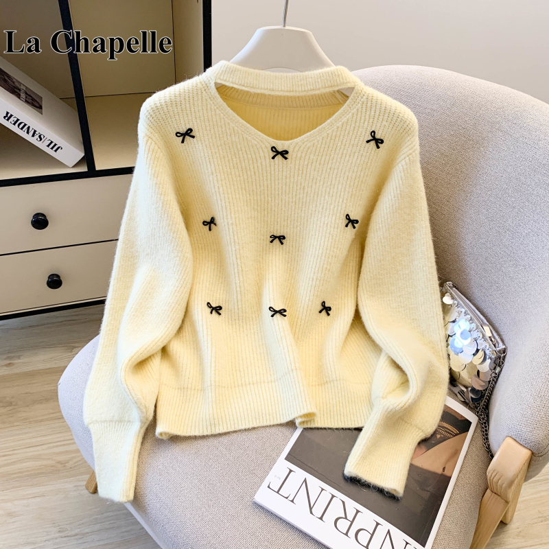 拉夏贝尔蝴蝶结粉色毛衣女冬季2025秋冬设计感针织打底衫内搭上衣