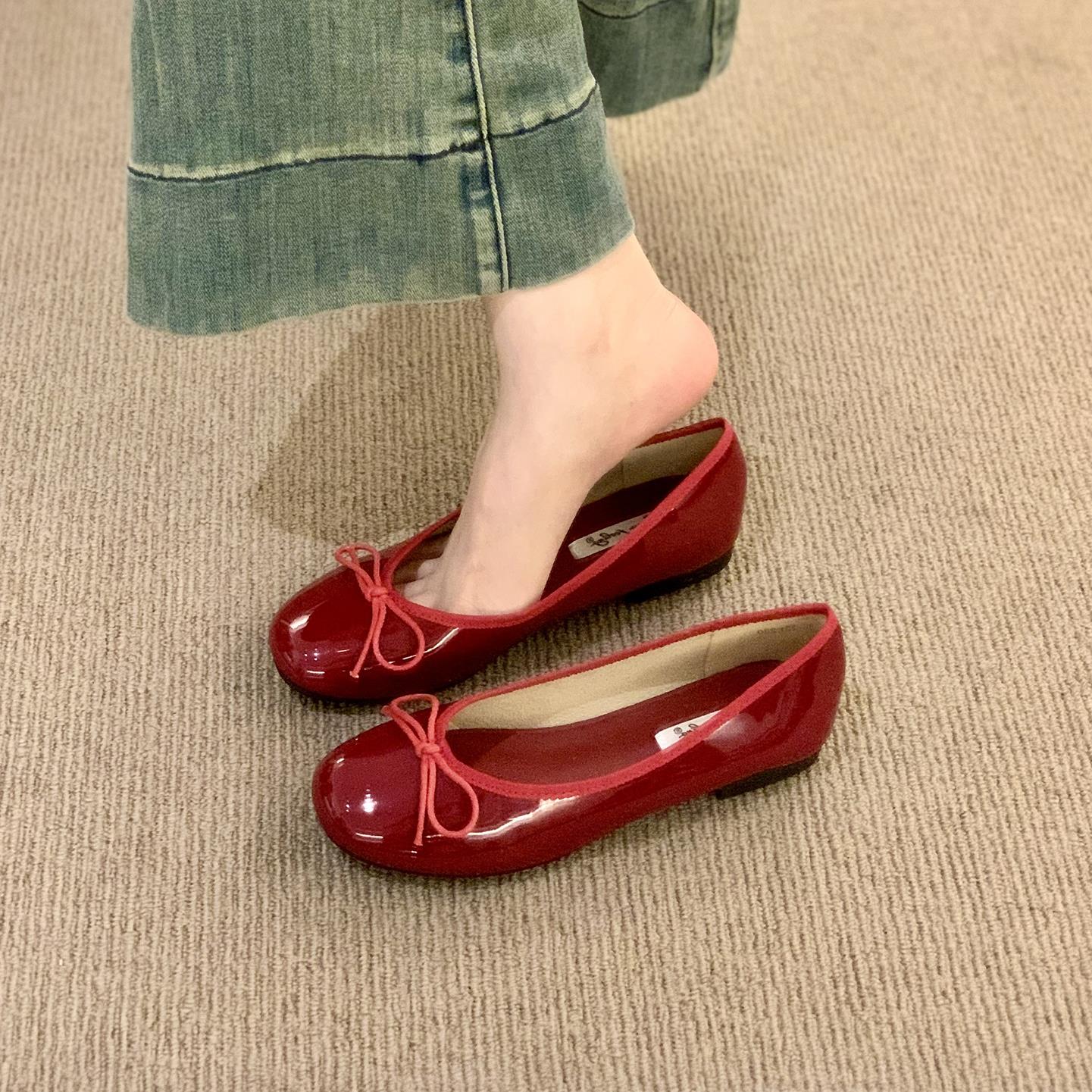 法式圆头漆皮单鞋女夏季新款蝴蝶结配裙子平底红色晚晚鞋瓢鞋