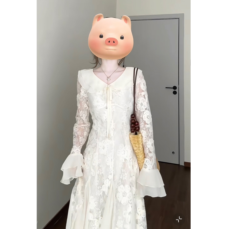 大码【油画栀子】气质温柔风杏色长袖连衣裙春夏新款超仙法式鱼尾裙