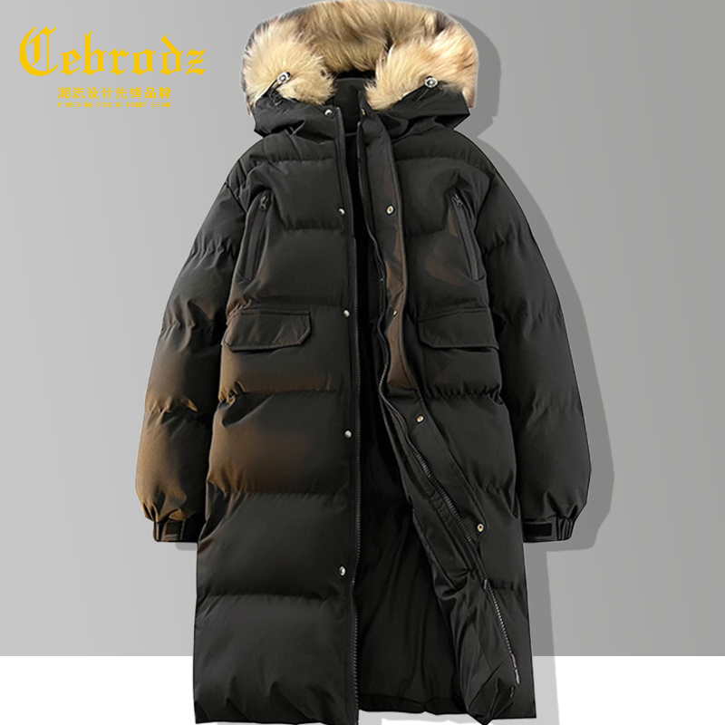 法国Cebrodz中长款毛领棉服男士冬季2025新款加厚保暖棉服外套男