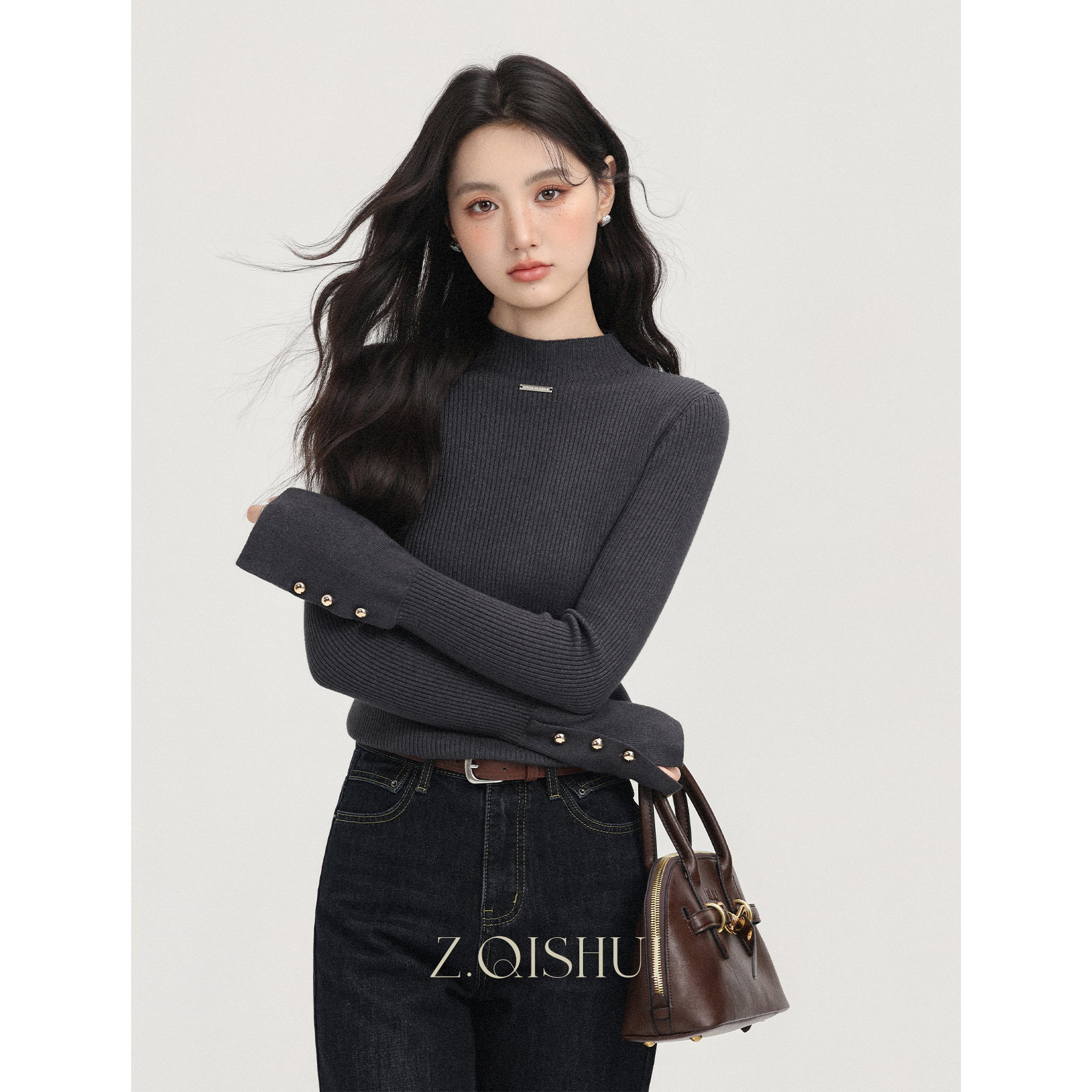 张汽水秋冬灰色半高领针织衫女单穿好看漂亮打底内搭上衣Z18317-1